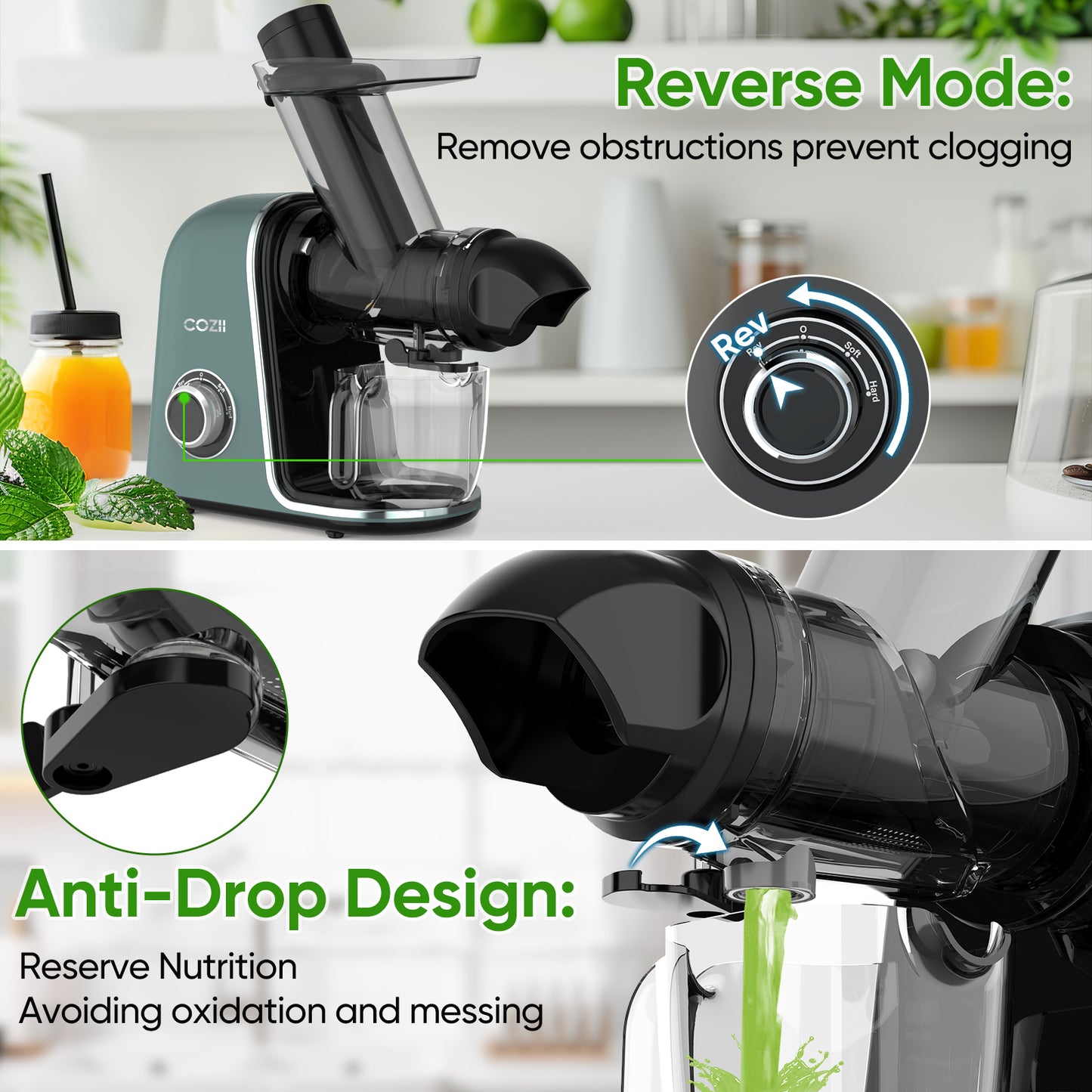 COZII Cold Press Slow Masticating Juicer Machine Green