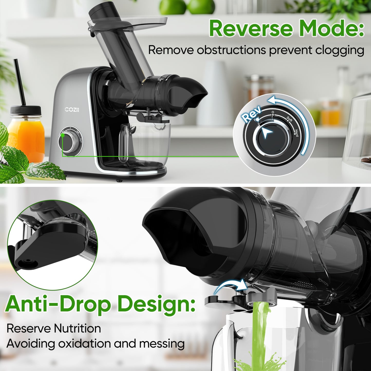 COZII Slow Cold Press Masticating Juicer Machine Silver