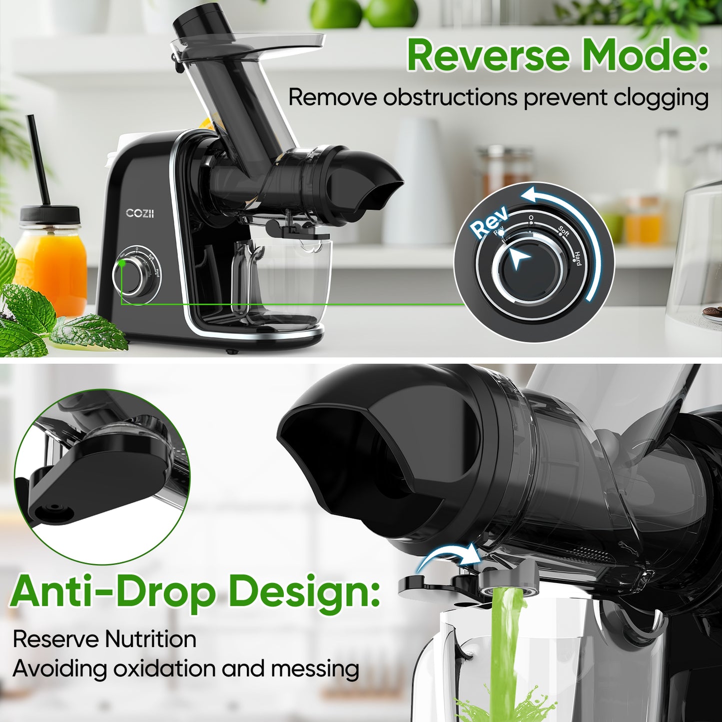 COZII Slow Cold Press Masticating Juicer Machine Black